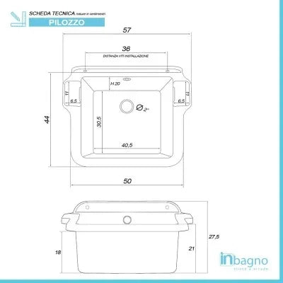Pilozzo sospeso in resina 58x45 con kit di scarico e fissaggi inclusi