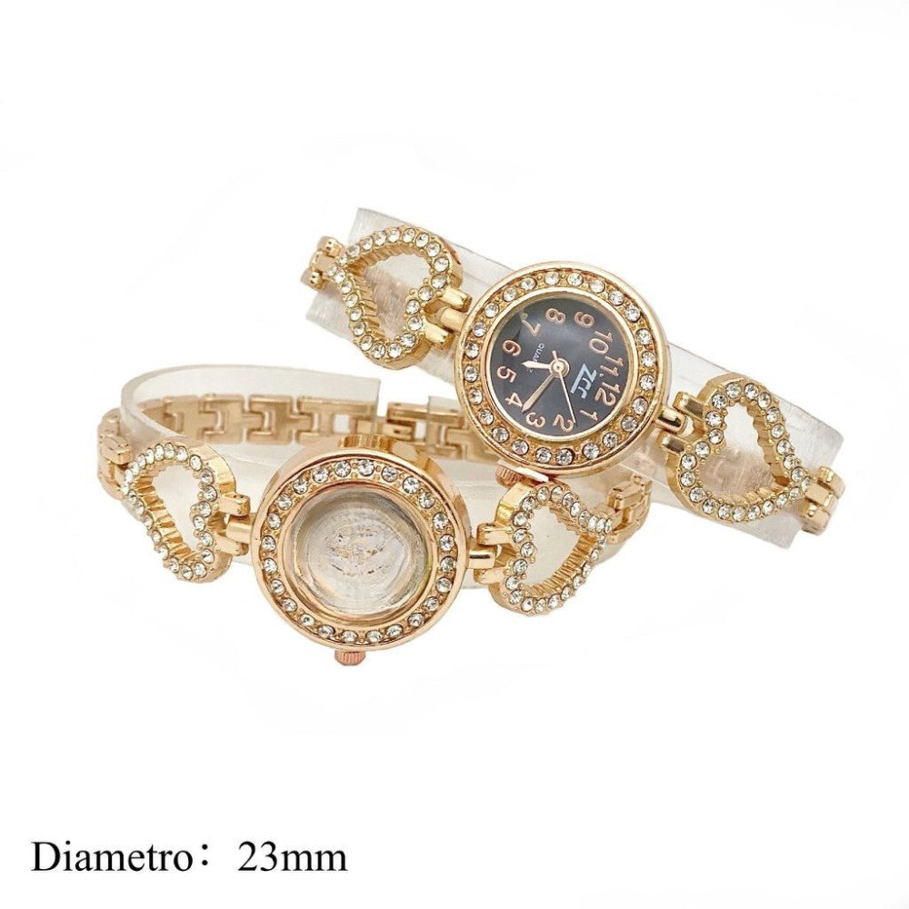 Trade Shop - Orologio Da Polso Donna Elegante Oro Cuori Con Cristalli Quadrante Nero 23 Mm -