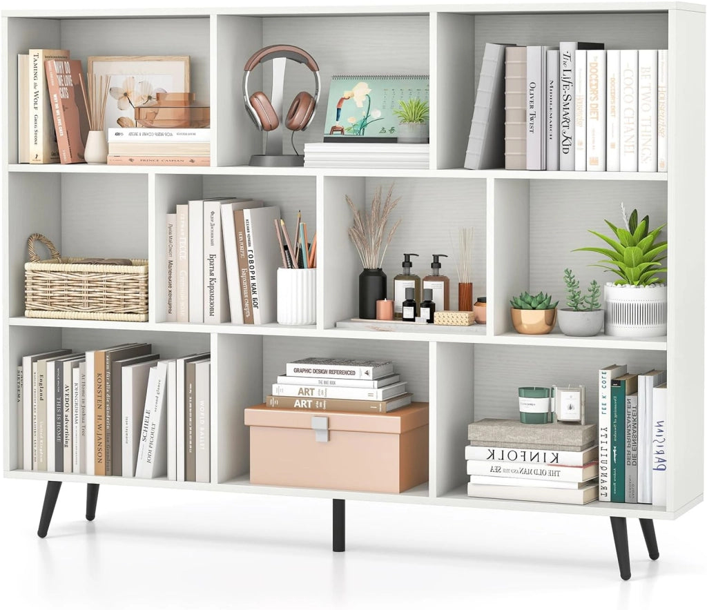 Libreria a 10 Cubi, Organizzatore di Stoccaggio Moderno con 5 Gambe di Metallo, Scaffale per Esposizione con 2 Kit Anti-Ribaltamento per Soggiorno Studio Camera da Letto, Bianco (140x24x107cm)