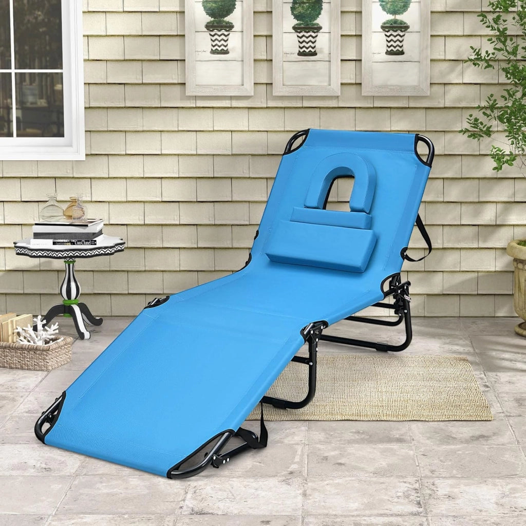 Lettino Prendisole Pieghevole con 3 Poggiatesta Removibili e Foro per il Viso, Sedia a Sdraio da Giardino Regolabile a 5 Livelli, Lettino da Spiaggia, Piscina, Portato 160kg (Blu)