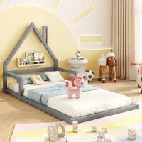 Letto Montessori a Forma di Casetta con Doghe in Legno, Letto per Cameretta per Bambini 4+ Anni, Senza Materasso, 90x200 cm, Grigio