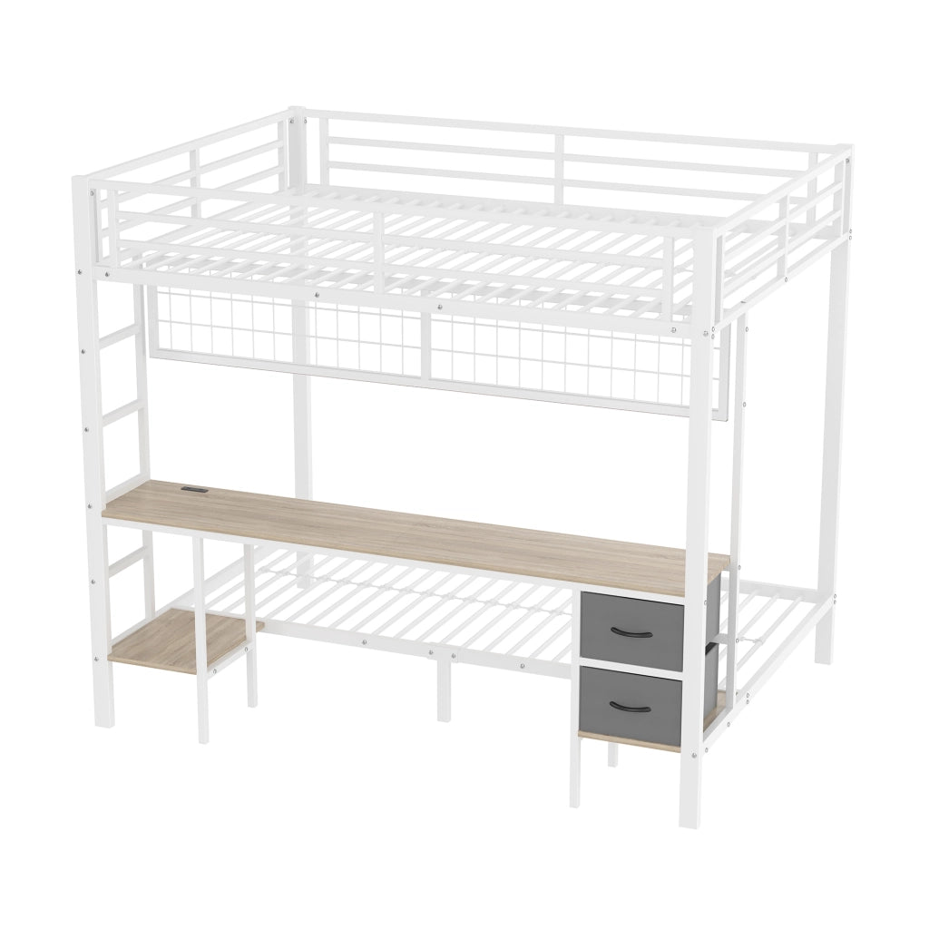 Hochbett in metallo con scrivania, cassetti, ripiani, griglia portasoggetti e LED USB, 140x200 cm, bianco