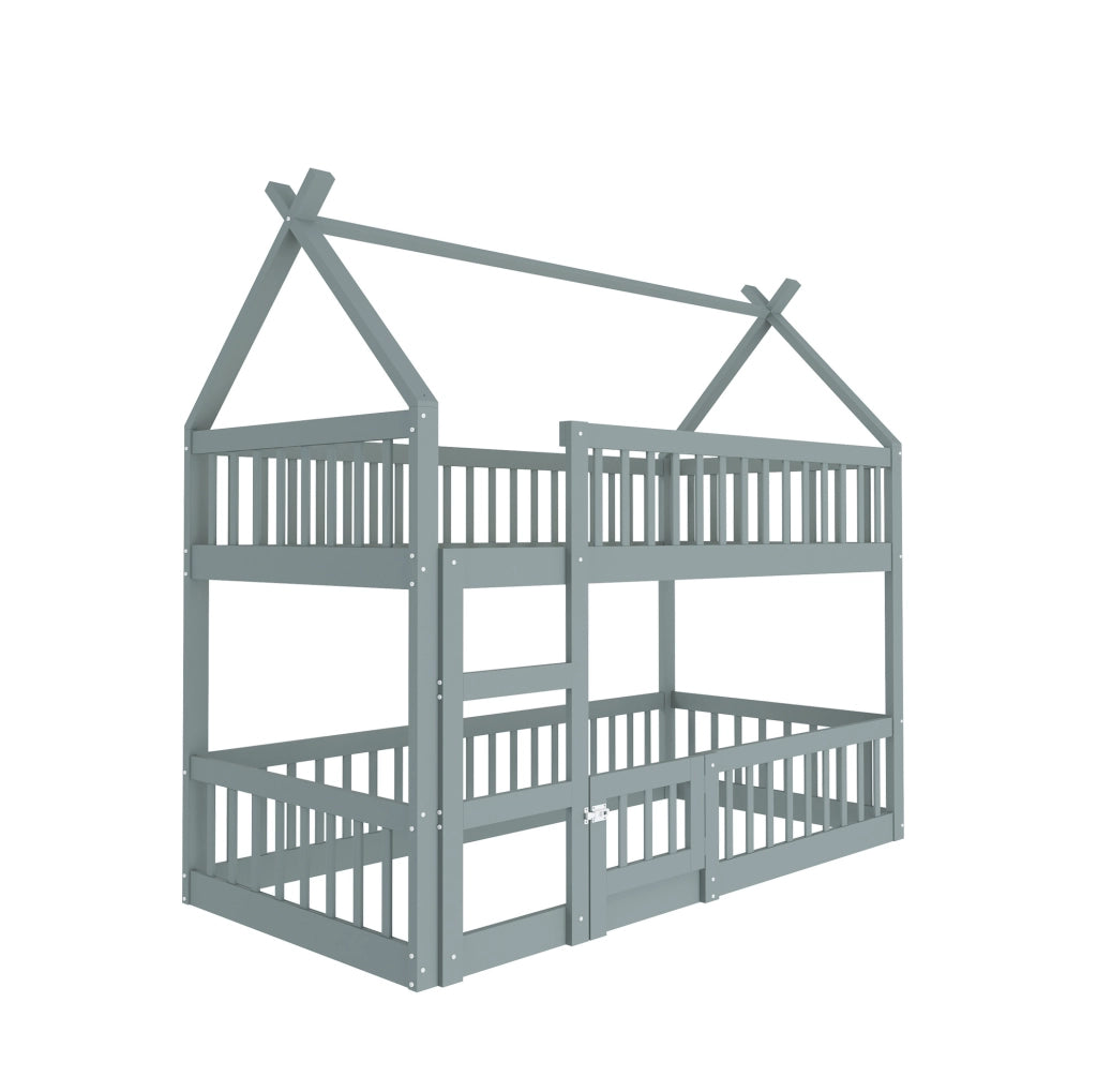 Letto a castello per bambini 90x200 cm con scala integrata e design salvaspazio grigio