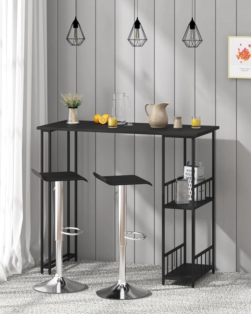 Tavolo da Bar Alto con Mensole Bancone da Casa in Metallo e Legno Nero 120x50x105 cm