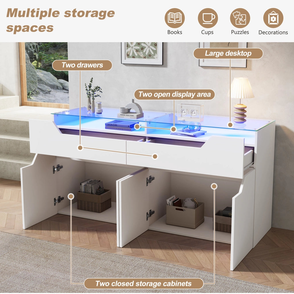Credenza e madia con piano in vetro temperato, 2 cassetti e 2 ante, per sala da pranzo e soggiorno, bianco, 140 × 40 × 70 cm