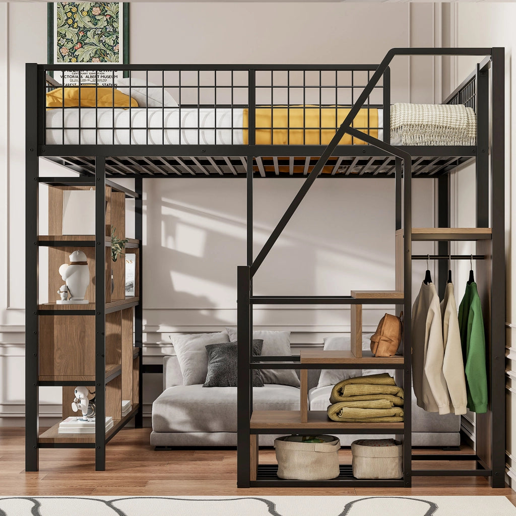 Letto a castello nero in metallo e legno con funzione contenitiva 140x200 cm