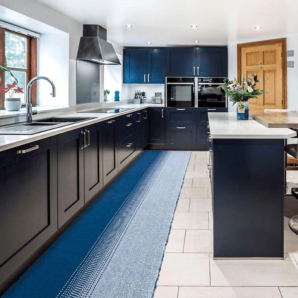 Tappeto Cucina Bagno Puro Cotone Assorbente Tessuto Intrecciato a Mano Blu 55x140 cm