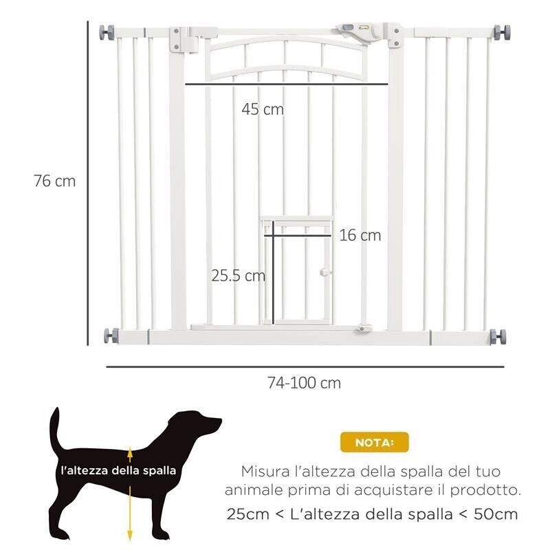 CANCELLINO PER CANI TAGLIA PICCOLA E MEDIA CON CHIUSURA AUTOMATICA, IN ACCIAIO E PA, 74-100X76 CM, BIANCO