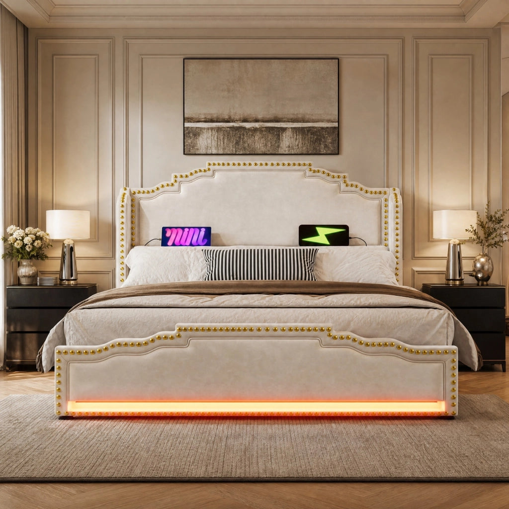 LETTO Contenitore 140x200 cm Beige in velluto con LED, USB e 4 cassetti