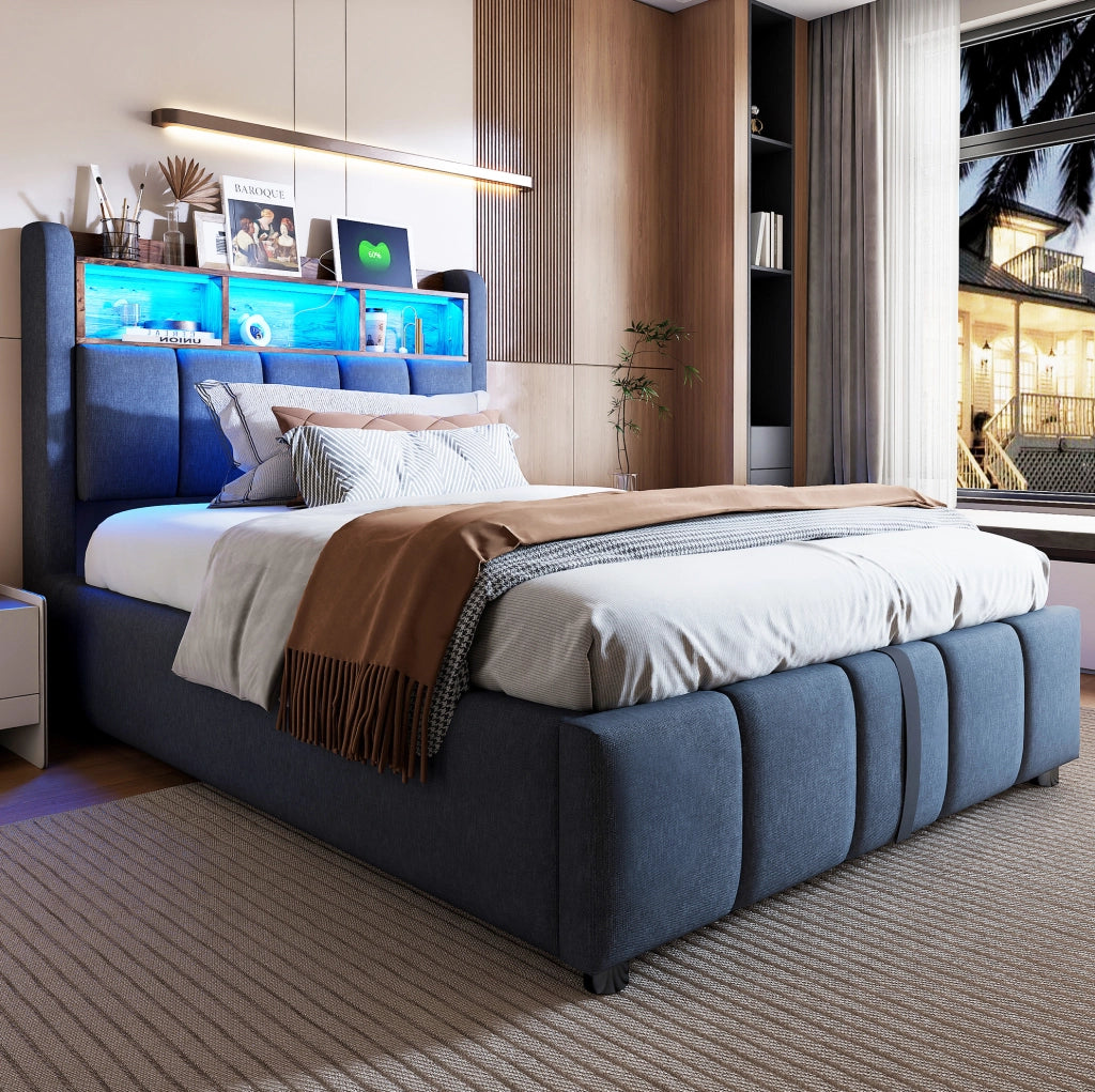 Letto imbottito 90x200 cm con LED; USB e vano contenitore; grigio; con materasso