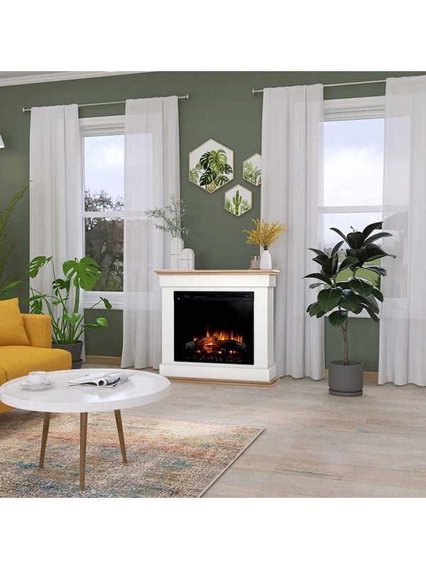 Camino Elettrico Riscaldante Da Pavimento Autoportante a LED - 28" - Bianco opaco / Rovere chiaro - 103 x 94 x 29 - LENOX