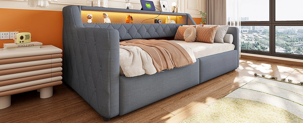 Letto da giorno 90 x 200 cm con contenitore idraulico e LED, grigio