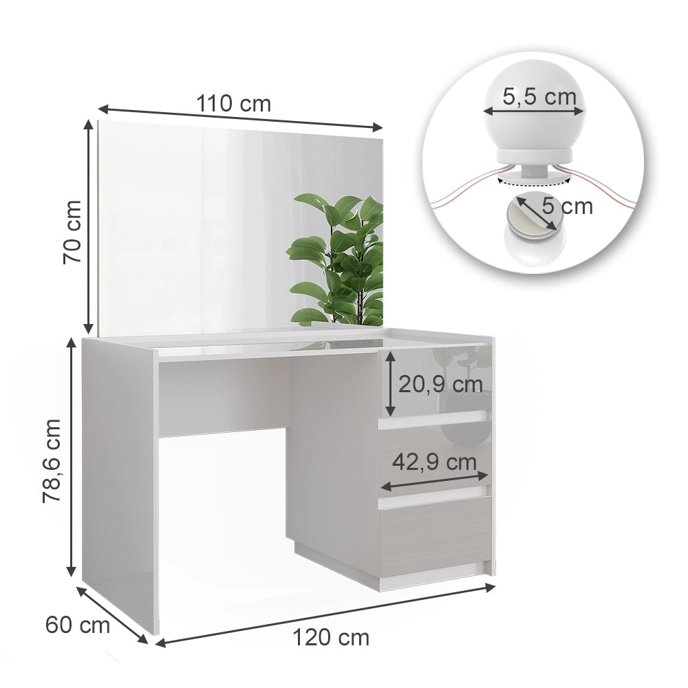 Vicco Tavolo da toilette Bianco lucido 120 cm con specchio, luci fiabesche a LED