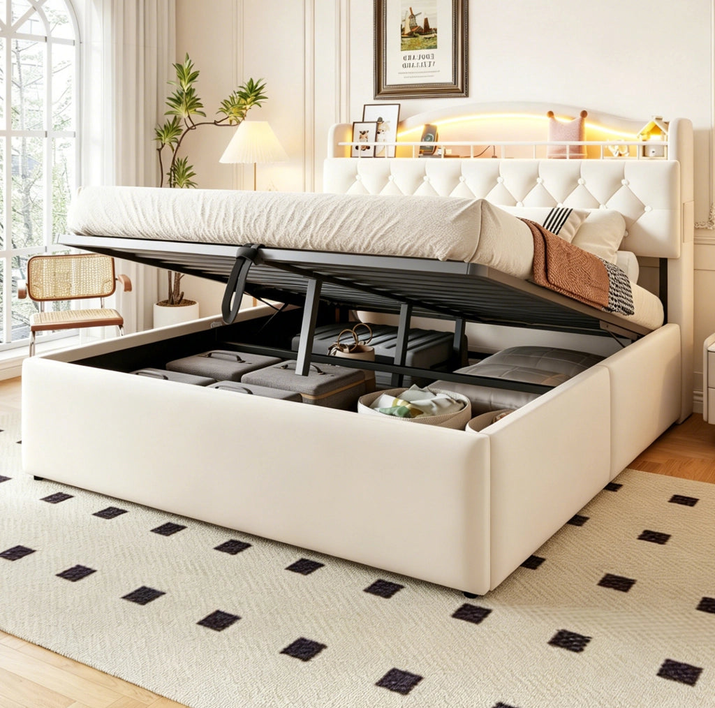 Letto imbottito 140x200 cm con contenitore idraulico e LED