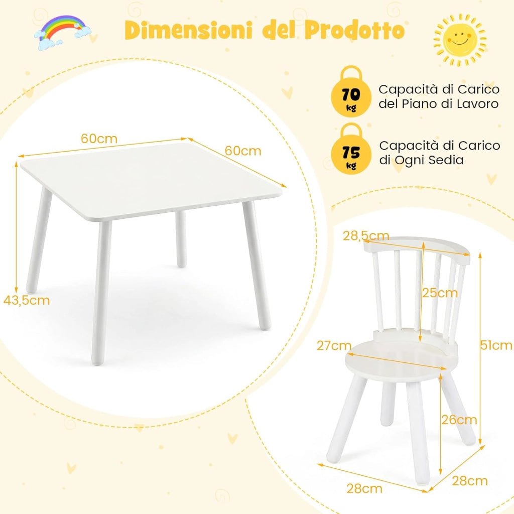 Set Tavolo e 2 Sedie per Bambini, Tavolo Attività con Schienali a Spindola Curvi, Sedute Rotonde e Gambe in Legno Massello, Tavolino per Bambini 3+ Anni per Disegno, Gioco e Studio (Bianco)