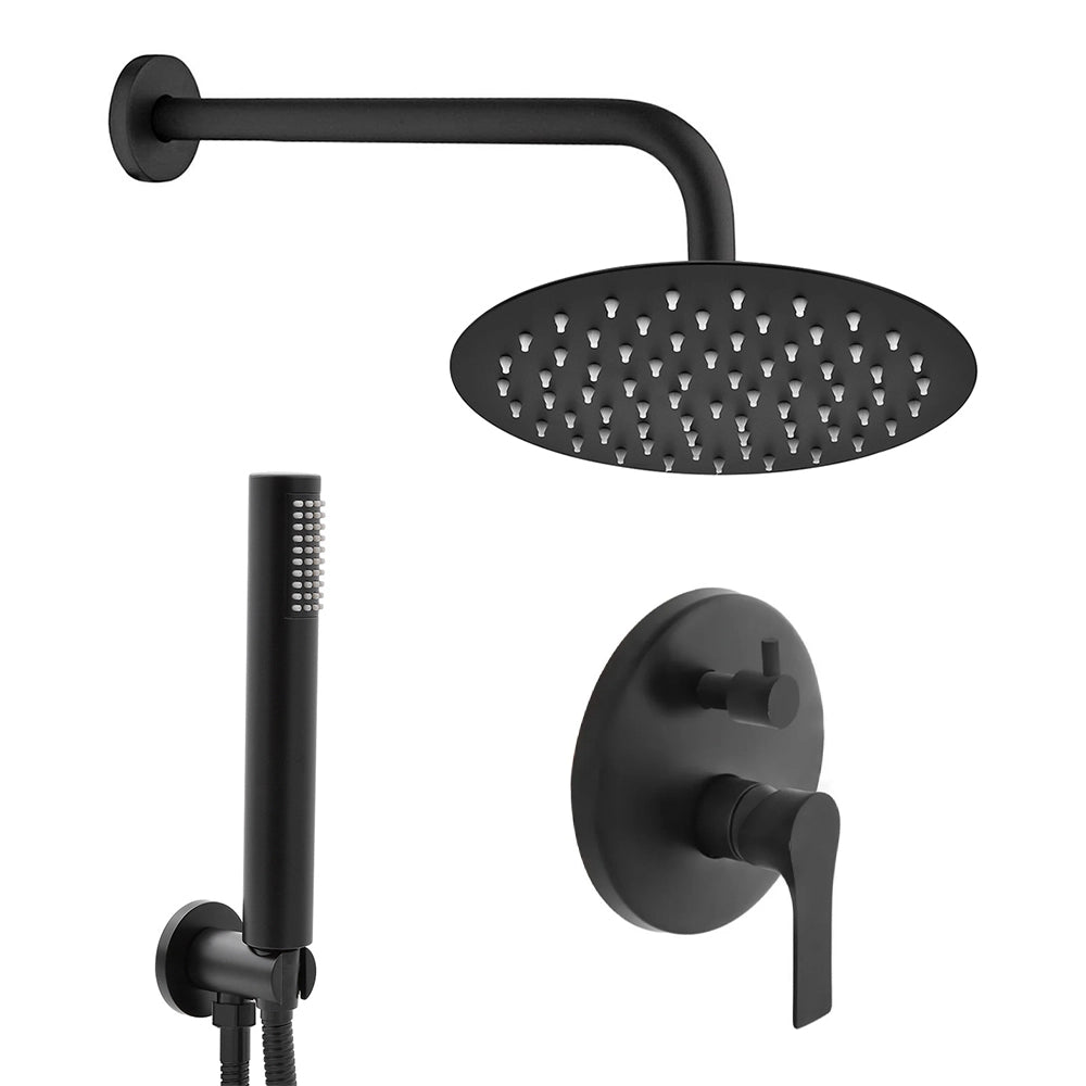 Set doccia a incasso completo nero opaco con braccio 35cm, soffione 30cm, miscelatore e kit doccino Flat