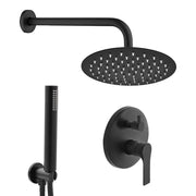 Set doccia a incasso completo nero opaco con braccio 35cm, soffione 30cm, miscelatore e kit doccino Flat