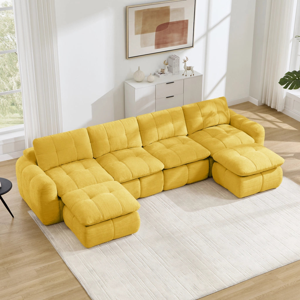 Divano modulare a U in chenille con seduta ampia e profonda senza montaggio per soggiorno giallo 334 × 160 × 68 cm