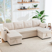 Divano letto a U con contenitori; portabicchieri e 2 cuscini; 270x130x86 cm; beige effetto lino