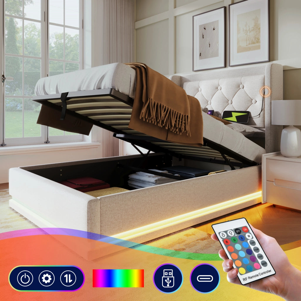 OKWISH Letto Contenitore 90×200 cm, Letto Singolo con USB, Tipo C, LED Regolabile e Testiera Imbottita, senza Materasso, Beige