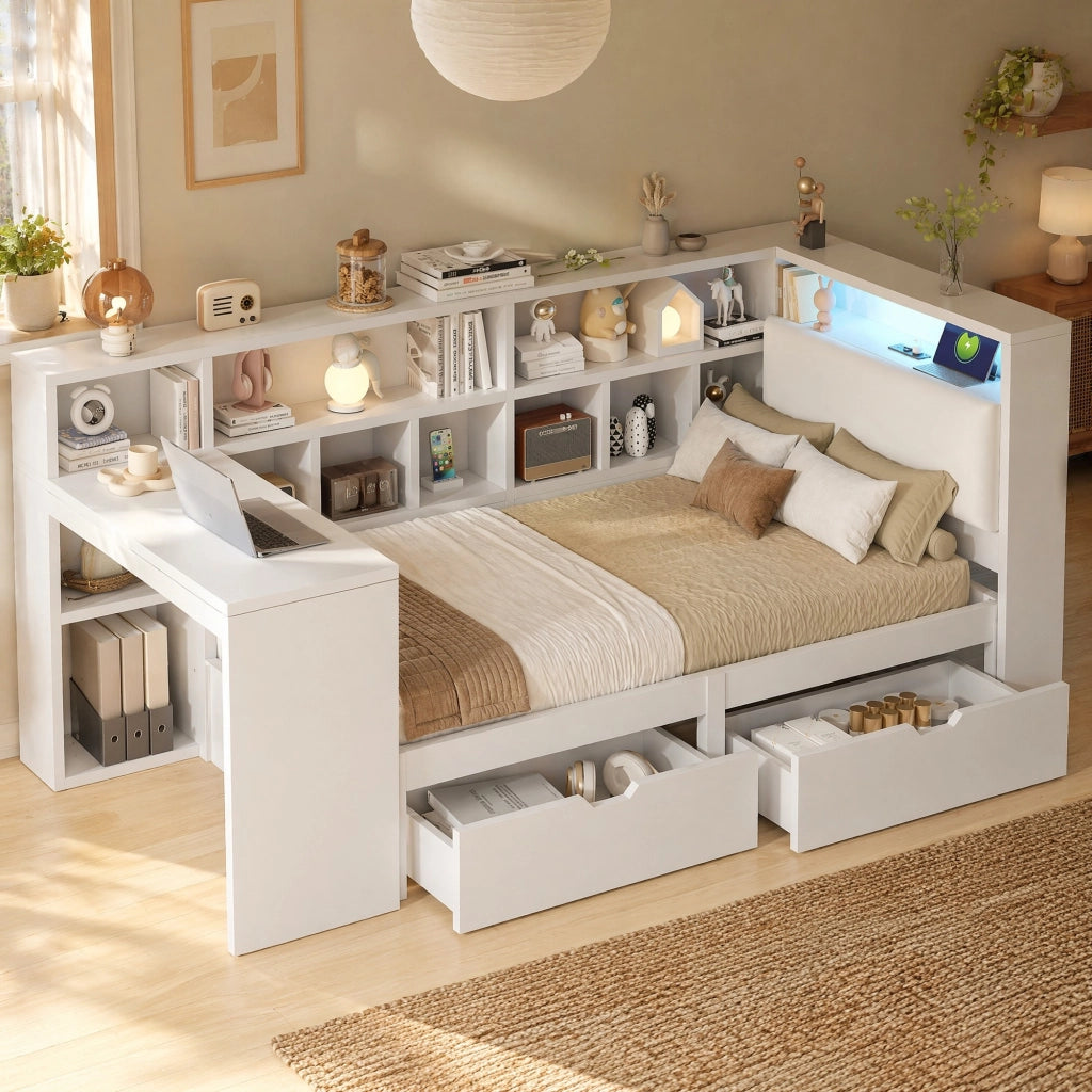 Letto singolo 90x200 con scrivania, libreria, LED e USB