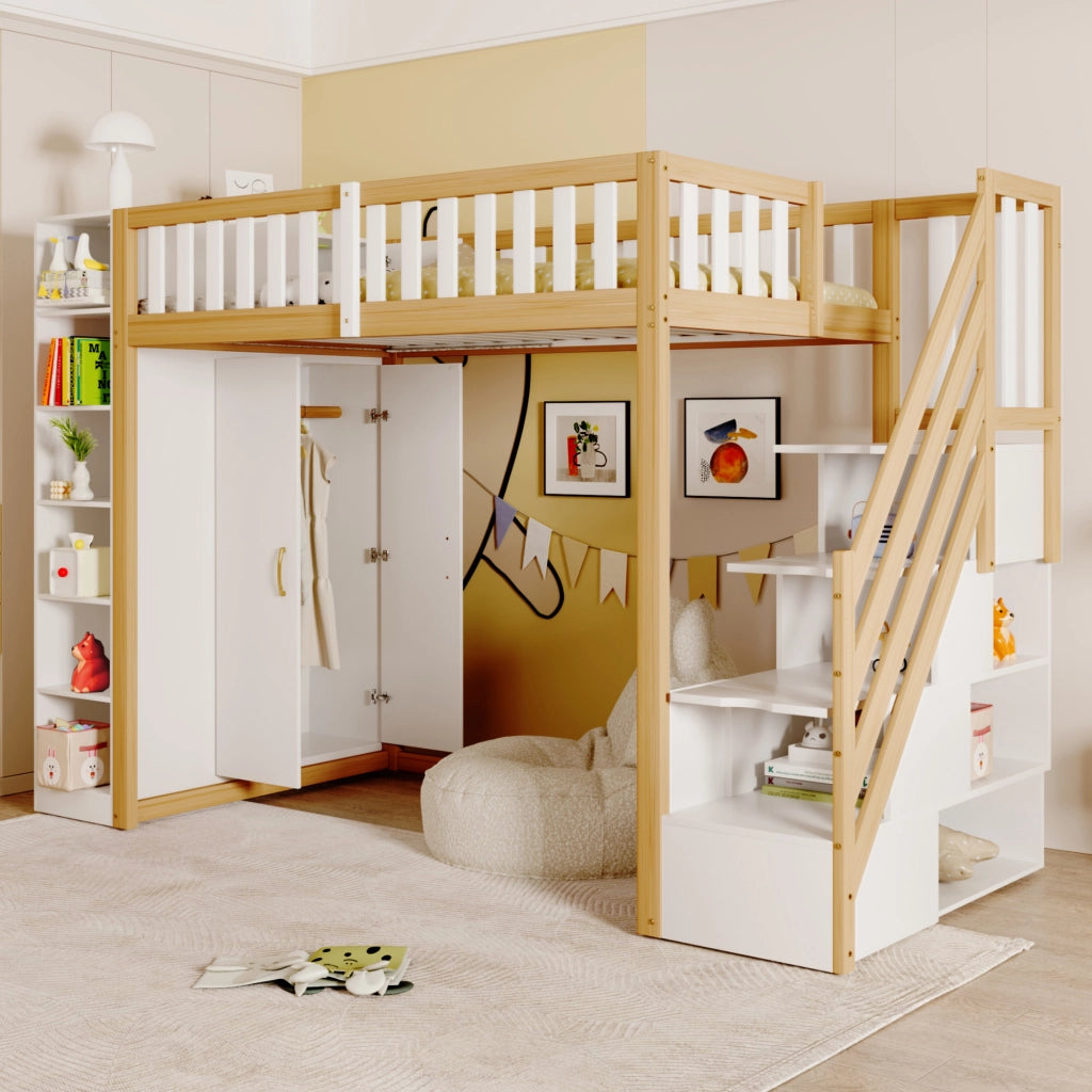 OKWISH Letto a Soppalco 90×200 cm, Letto Singolo con Scaffali, Armadio e Scala con Cassetti, senza Materasso, in Legno, Bianco