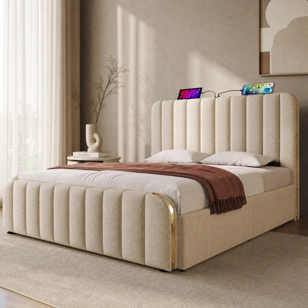 Letto contenitore 160 × 200 cm con sollevamento idraulico; testiera imbottita USB e Type-C; rete a doghe; lino beige