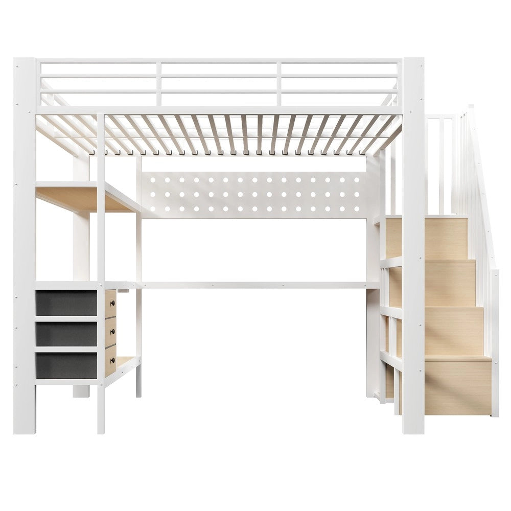 Letto a Soppalco con Scrivania, Cassetto, LED e Presa ¨C Xylo ¨C Metallo Bianco 140x200
