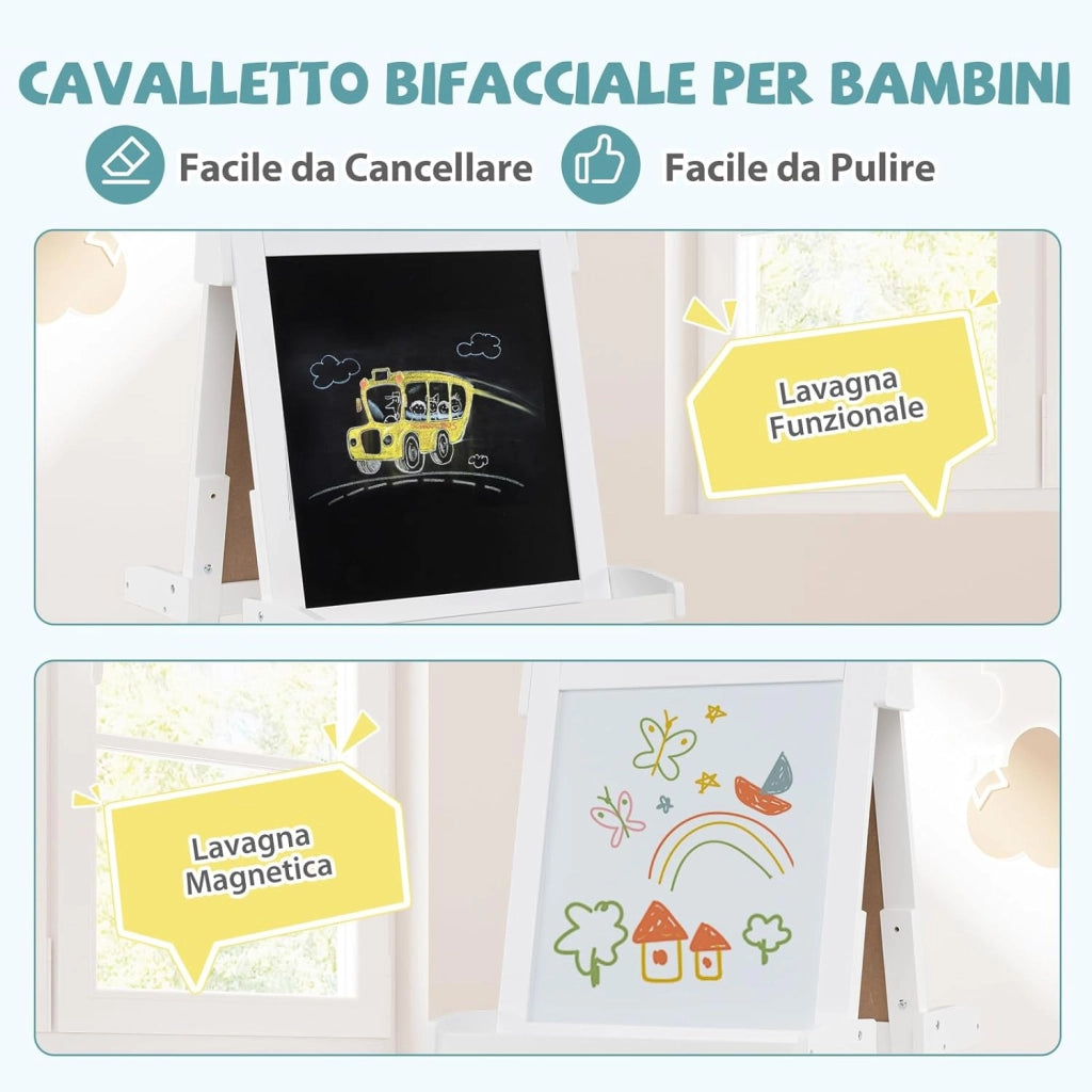 Lavagna per Bambini 3 in 1, Lavagna Magnetica con Lavagna Bifacciale, Rotolo di Carta, Vassoi Portaoggetti e 3 Bicchieri per Pittura, Cavalletto in Legno per Bambini 3+ Anni (Bianco)