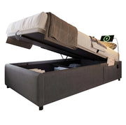 Letto singolo 90x200 cm con contenitore; USB e Type-C; tessuto effetto lino grigio