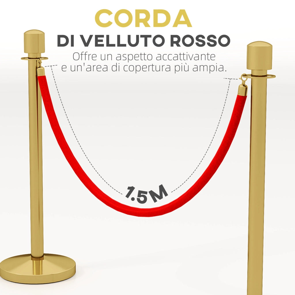 Colonnine Segnapercorso in Acciaio Inox Oro con Corda Vellutata Rossa di 1.5 m e Base Riempibile,, ?32x96 cm