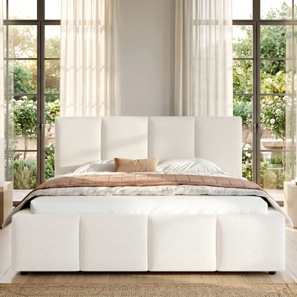 Letto matrimoniale 160 × 200 cm con testiera imbottita e struttura a incasso, senza materasso, in bouclé beige