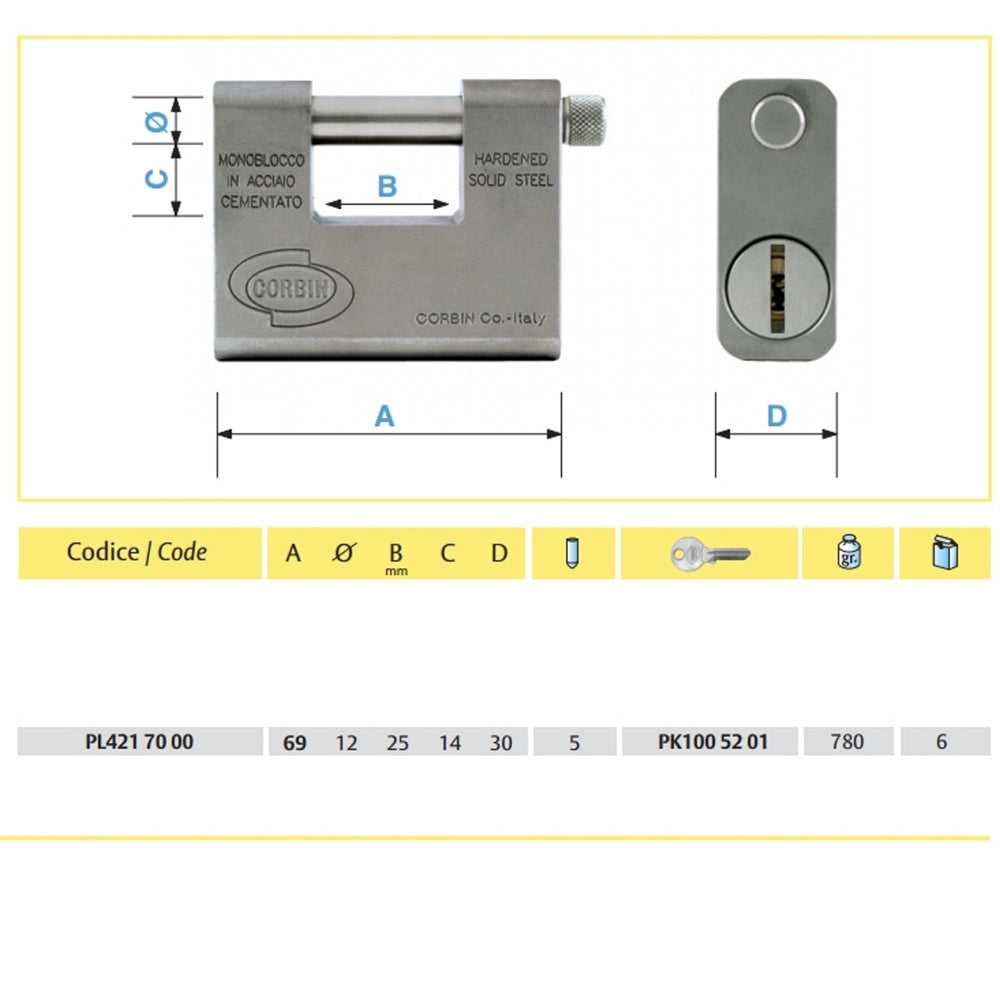 Trade Shop - Lucchetto Catenaccio Monoblocco In Acciaio Cementato Grizzly Corbin Antitrapano -