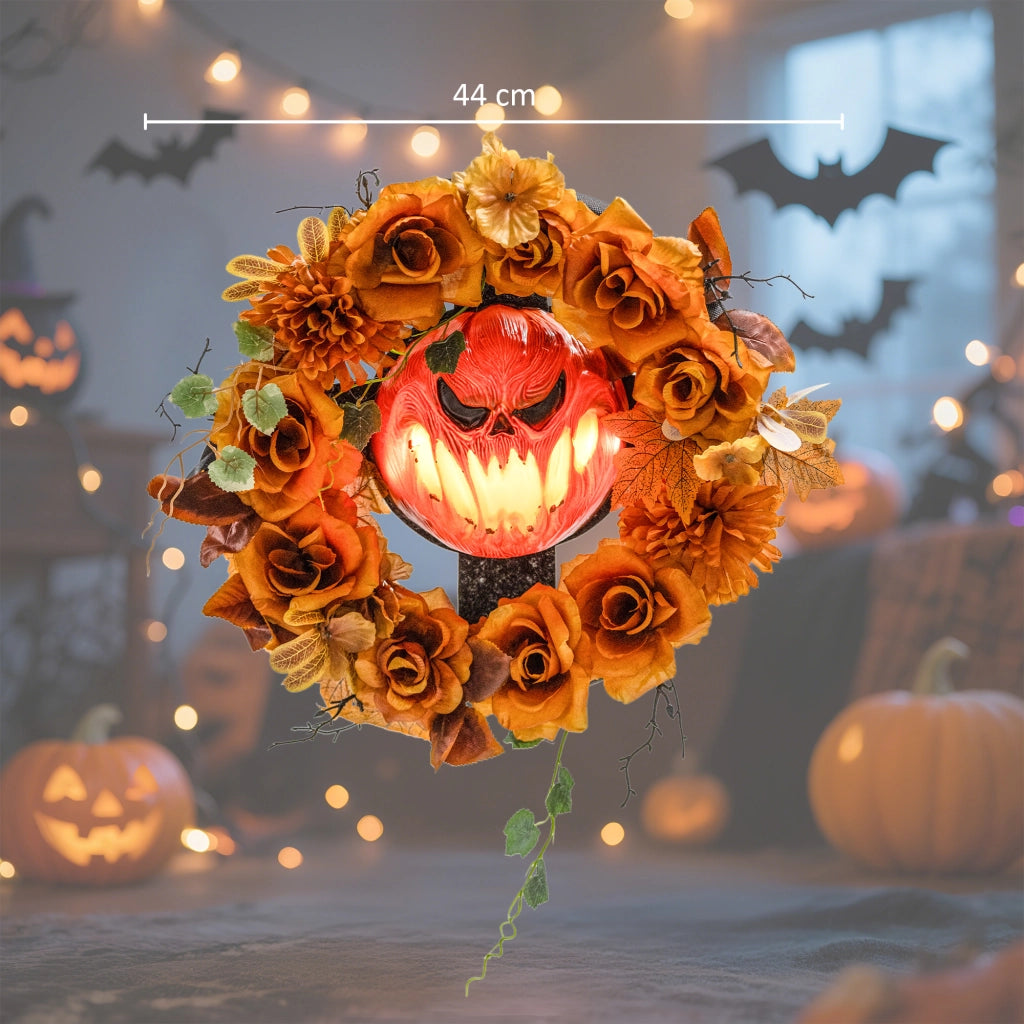 Corona Halloween ¨C zephmum ¨C Design Zucca Spaventosa, Foglie Autunnali, Luci, Plastica