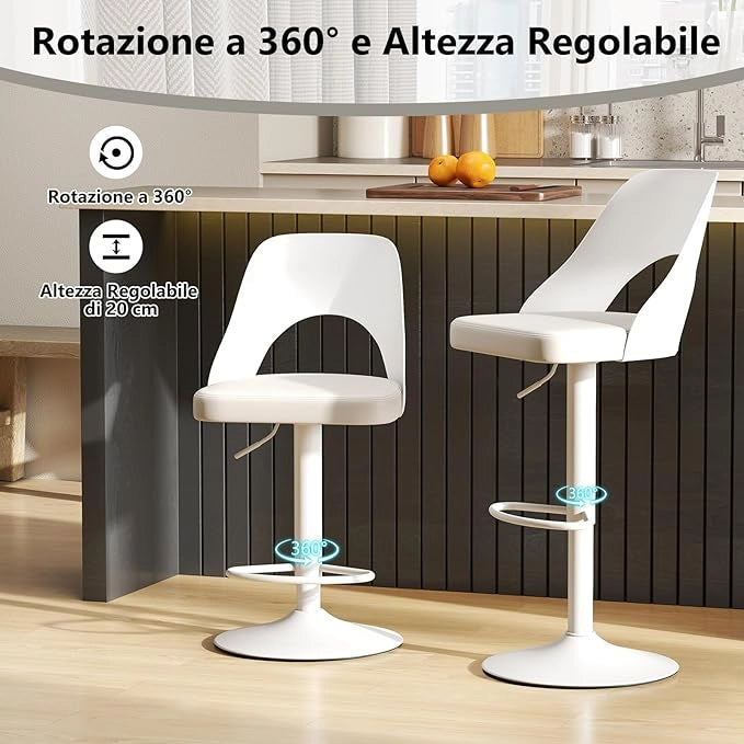 2 Sgabelli Girevoli da Bar Alta 91-111 cm, Set di Sgabelli con Seduta in Ecopelle, Poggiapiedi e Struttura in Metallo, Sedie per Cucina e Bistrò (Bianco)