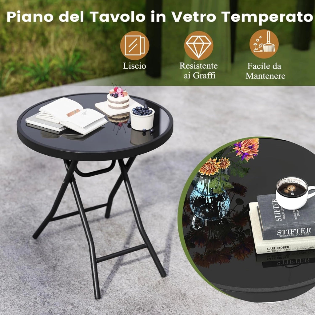 Tavolino da Giardino Pieghevole da 46 cm, Tavolino Rotondo Compatto da Patio, con Piano in Vetro Temperato e Struttura in Metallo, Tavolino Laterale Portata 50 kg (Nero)