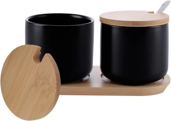 Set di contenitori di ceramica a zucchero - coperchio di bambù - 2 pezzi - nero - ceramica