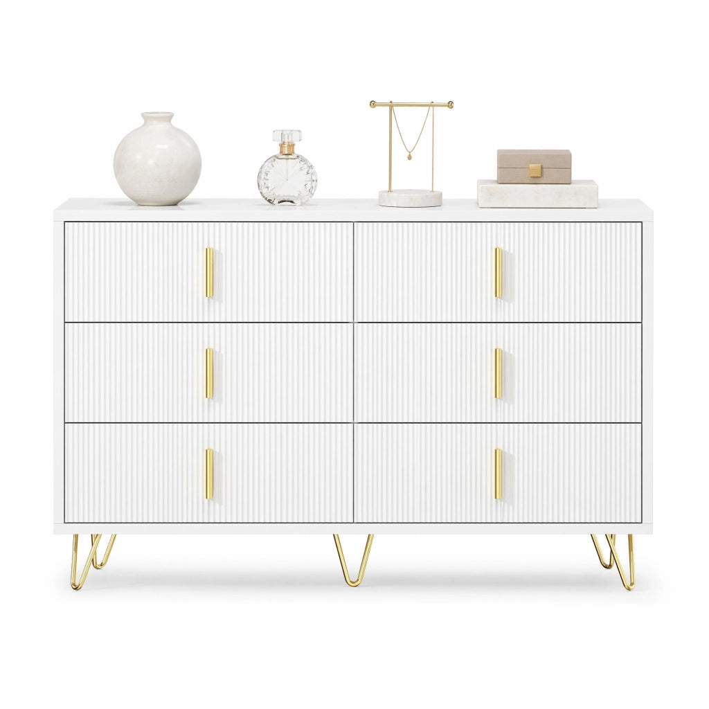 Credenza 120x40x77 cm bianca e oro – 6 cassetti, ampio spazio
