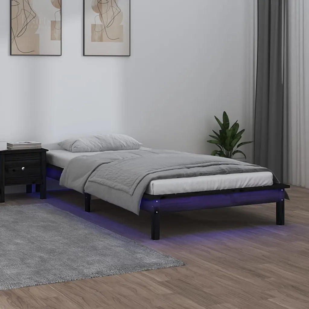 Letto singolo | Letto per adulti | Giroletto con LED Nero 90x200 cm in Legno Massello