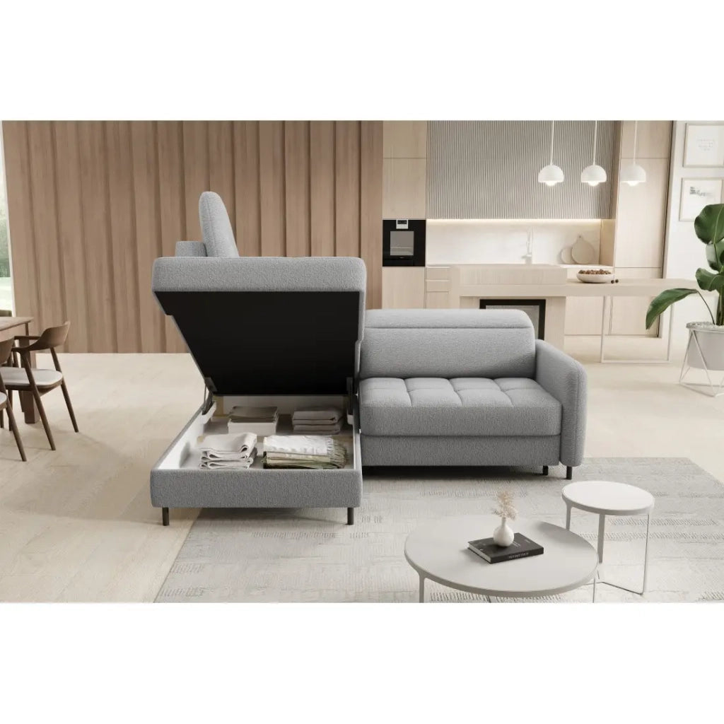 Divano trasformabile ad angolo sinistro BARNEA 208 cm grigio chinato con contenitore