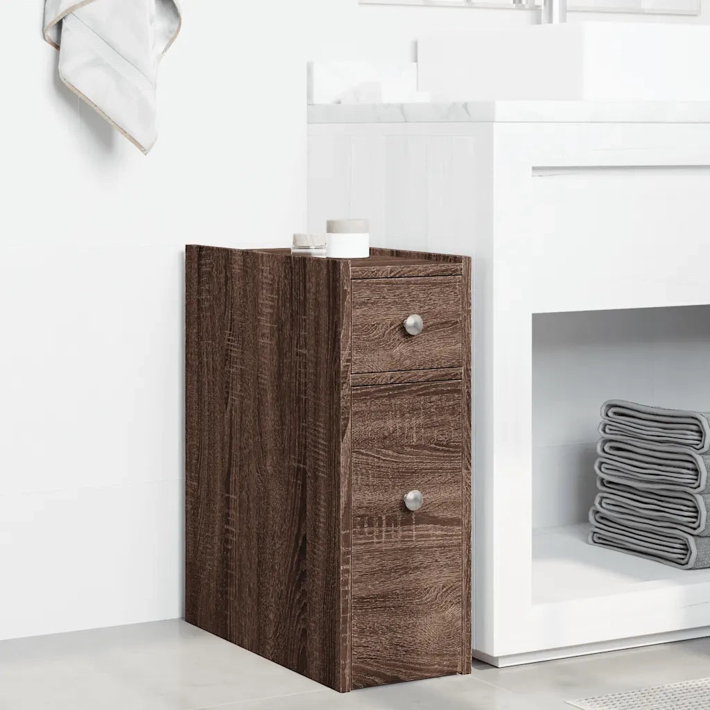 Armadietto da Bagno Stretto con Ruote Rovere Marrone Truciolato