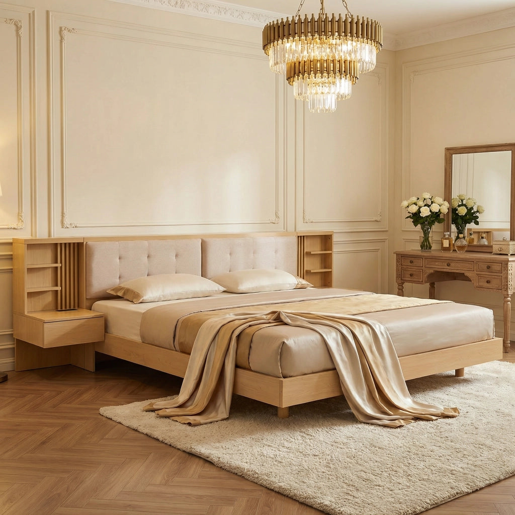 Letto contenitore sospeso 180 × 200 cm con testiera con ripiani e cassetti, prese USB e luce, senza materasso, rovere naturale