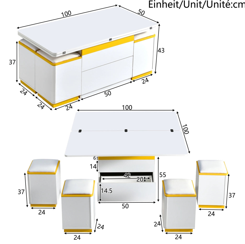 Tavolino da caffè sollevabile e pieghevole 100x50x43 cm con 4 sgabelli; MDF; bianco e giallo