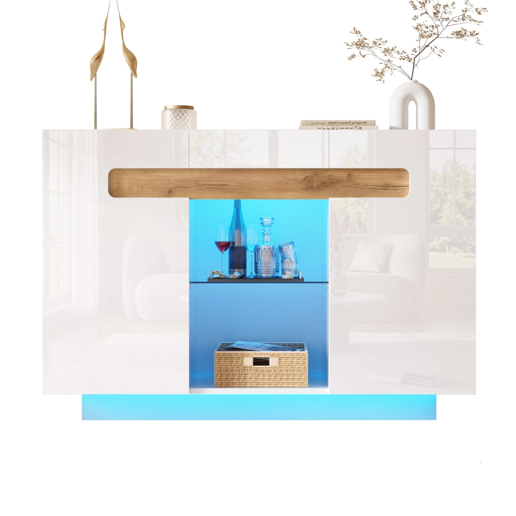 Credenza con LED e 4 vani, ripiani in vetro regolabili, per soggiorno e cucina, bianco naturale, 120 × 40 × 80 cm