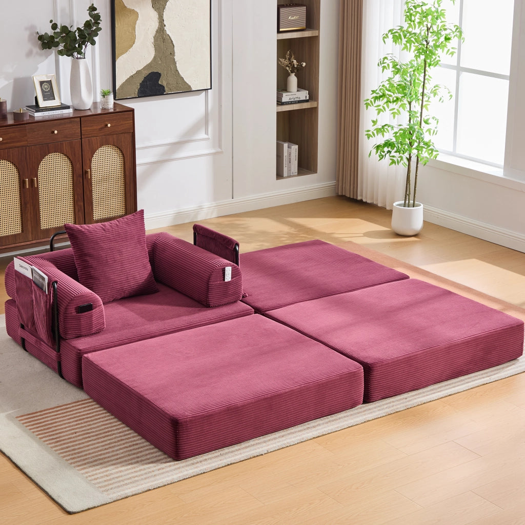 Divano modulare in velluto a coste con cuscino e tasca laterale ergonomico, rosso vino 112 × 190 × 67 cm