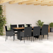 Set da Pranzo da Giardino 9 pz con Cuscini Nero in Polyrattan
