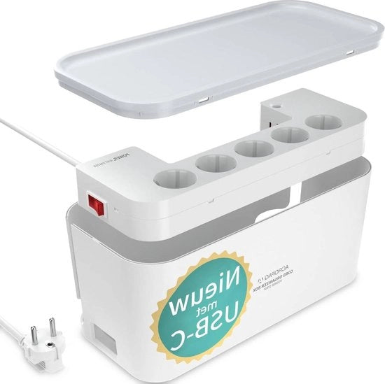 Scatola di alimentazione ACM006 con funzione di ricarica rapida USB-C, 2500W, interruttore, 30 x 14 x 14 cm, 2m cavo, organizzatore di cavi, 5 prese, 3 cariche USB, bianca.