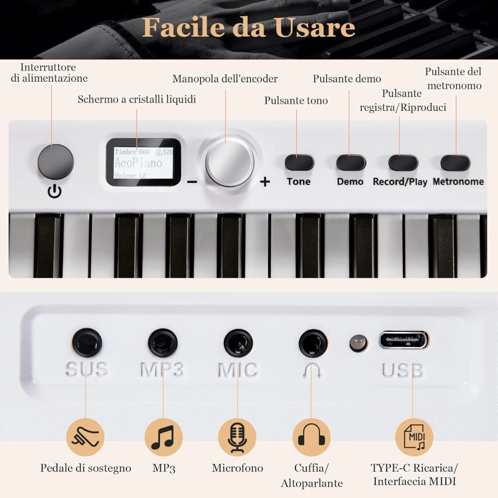 Tastiera Elettronica 88 Tasti Illuminati, Pianoforte Digitale Pieghevole Portatile con Custodia, Sustain Pedali, Modalità di Insegnamento, MP3/USB/MIDI/Bluetooth (Bianco)