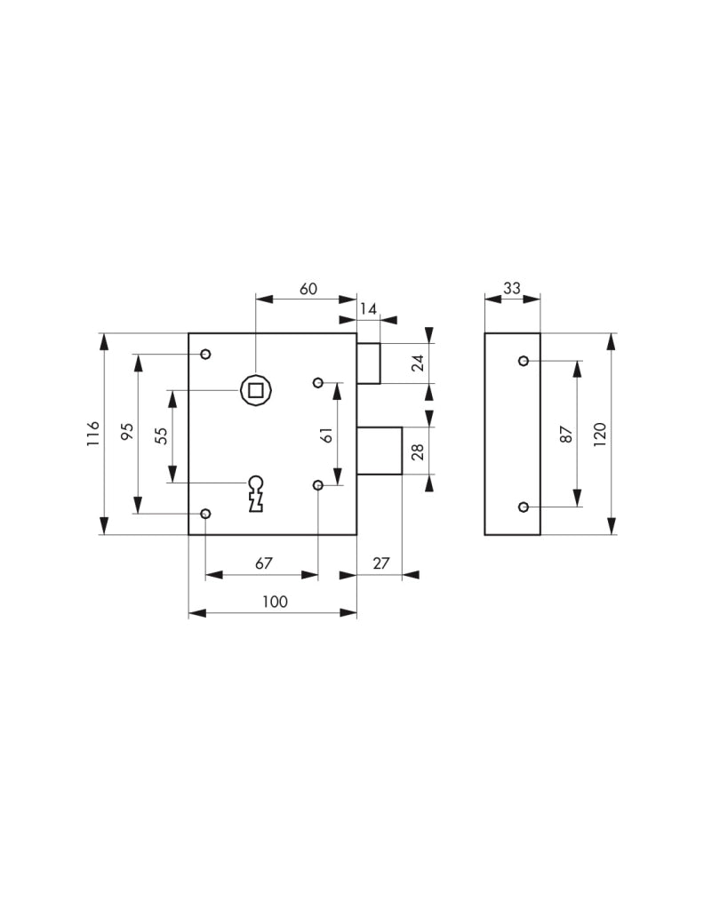 Serratura PDT con scrocco, asse 60 mm, apertura a spingere, 100 x 120 mm, destra – THIRARD