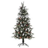 Albero di Natale Innevato 150cm con Bacche Rosse e Pigne Bianche, Base Rimovibile Pieghevole, 440 Rami, Verde